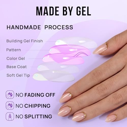 Almond Press On Nails Kit – Short Gold Foil Soft Gel Glue-On Nails, 32 Pieces, 1