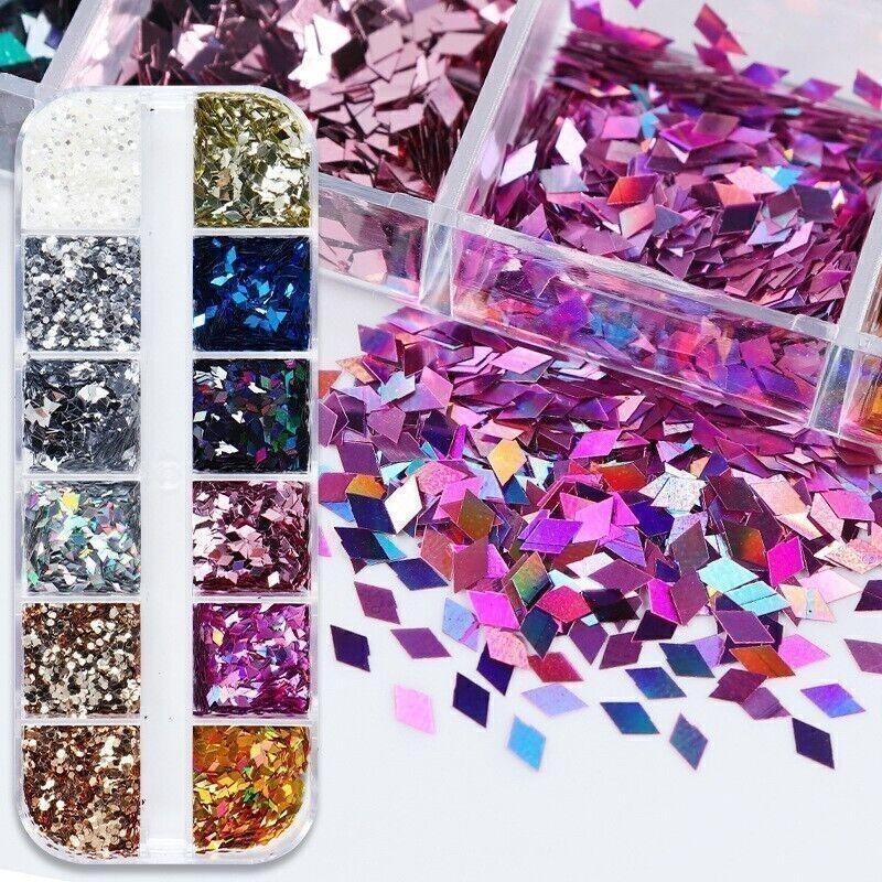 12 Grids Colorful Glitter Rhombus Design Nail Art Sequins Nails Stickers Decor