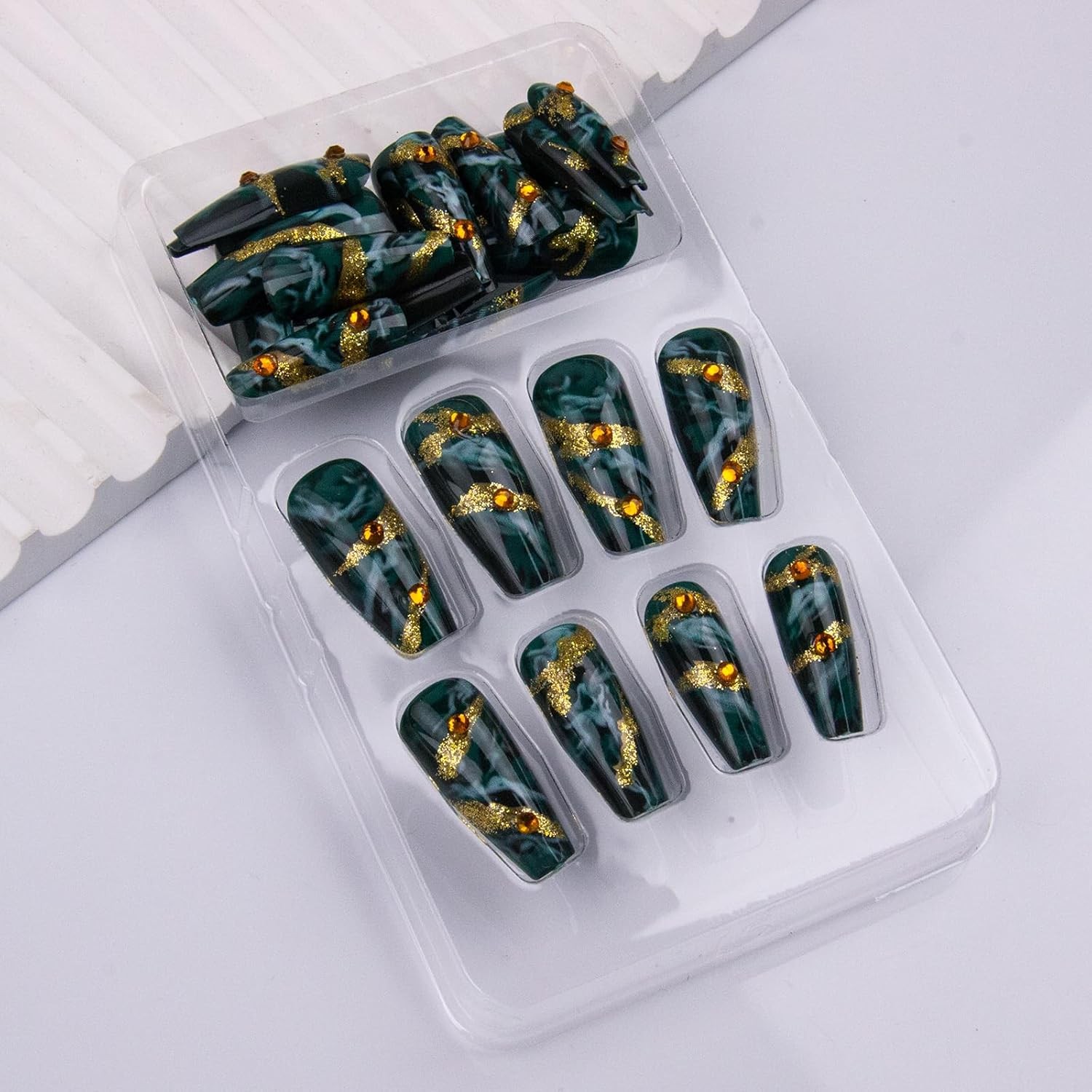 Green Press on Nails Medium Coffin Fake Nails Dark Green Marble False Nails Gold