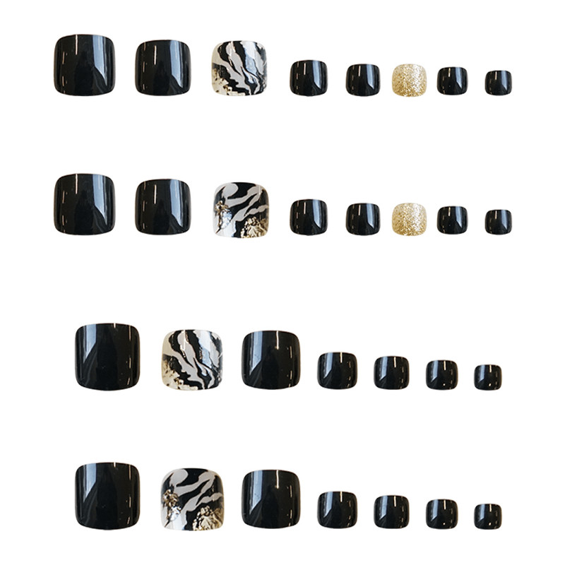 48Pcs Short Square Black Gold Zebra Press on Toe Nails Glitter Party Daily Nails