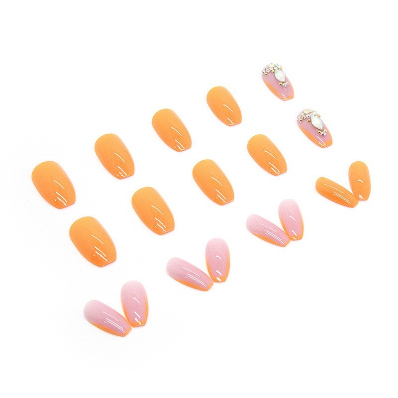48Pcs-Orange Pink Two-tone Teardrop Rhinestone Medium Coffin Press on Nails
