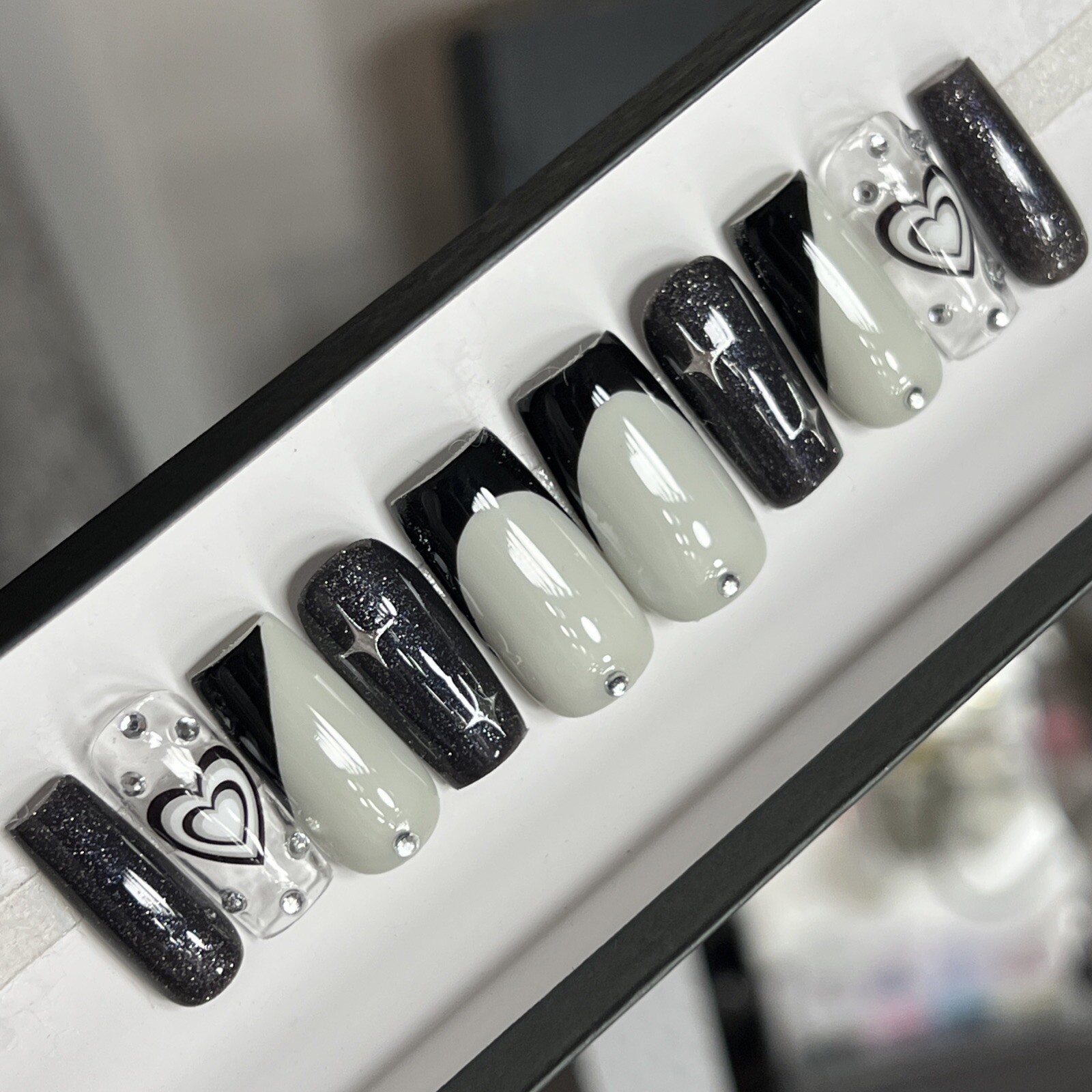 🤍 CUSTOM Hard Gel Press On Nails Black GREY HEART Bling 10p FULL SET SQUARE