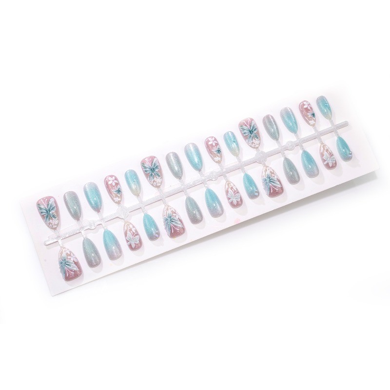 60pcs-Press on Nails Light Blue Ombre 3D Butterfly Flower Almond Nail Art Set