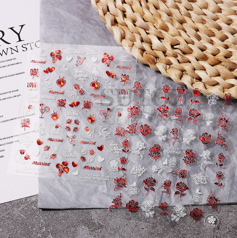3D Nail Art Stickers Red White Mr & Mrs Rose Heart Kiss Valentine Bride NH11