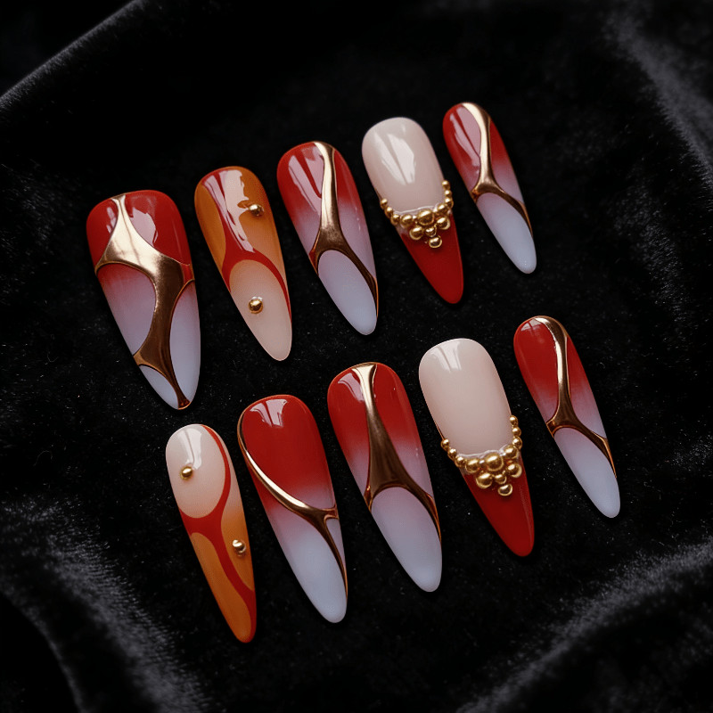 Handmade Gold Lined Press on Nails Red Blue Ombre Medium Almond Bead 3D Gift