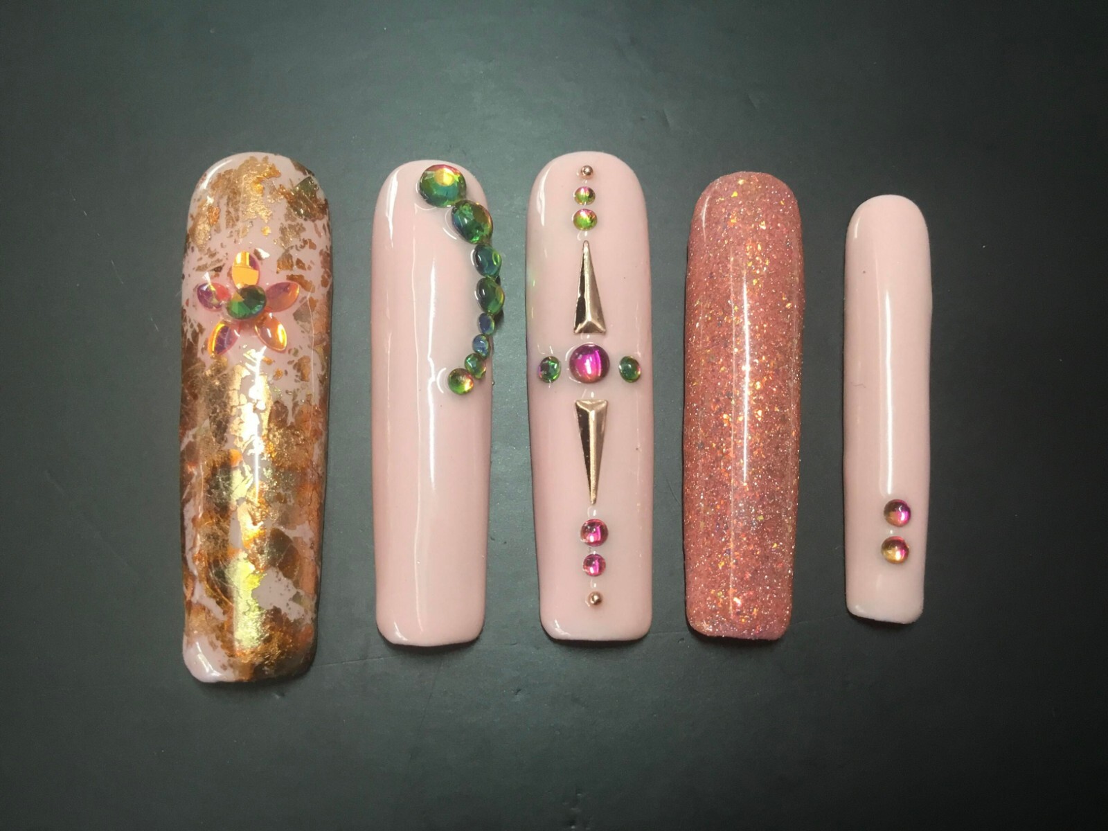 Peach-Pink Gemmed Long Square No Curve Press-On Nails, Medium – Handmade