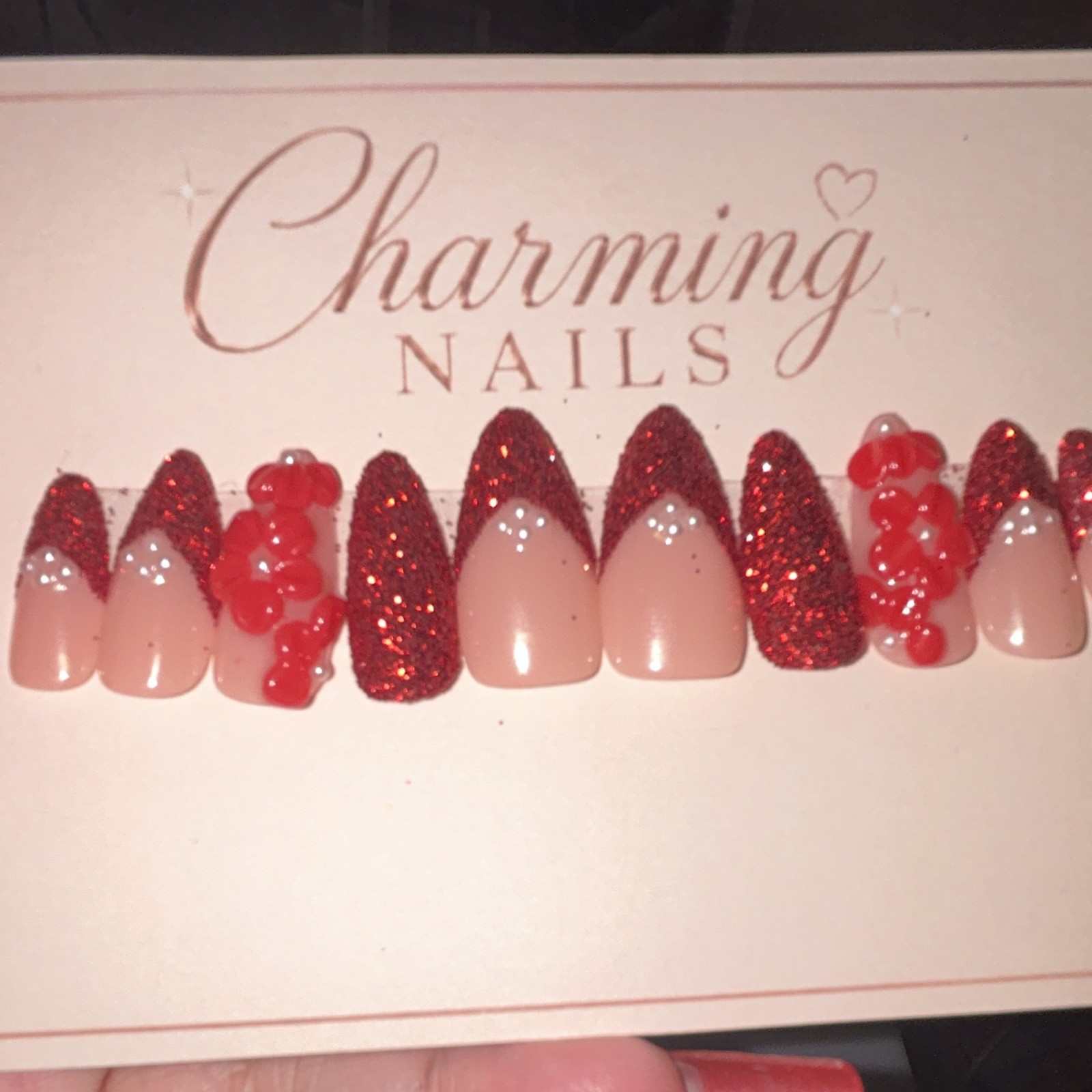 Charming Nails Press-On Nails Long Almond Acrylic Red/Nude Glitter Pre-Designed