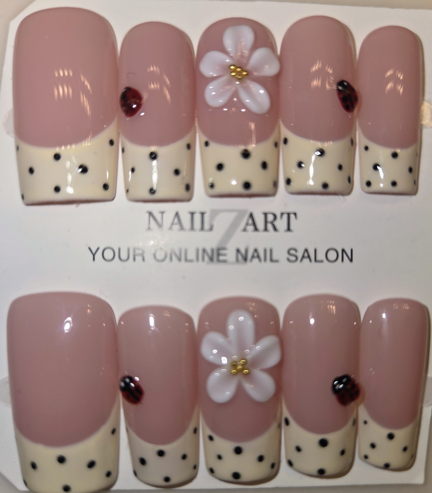 Handmade Square Short Press-On Nails Red/White/Black Flower Polka Dot Ladybug-M