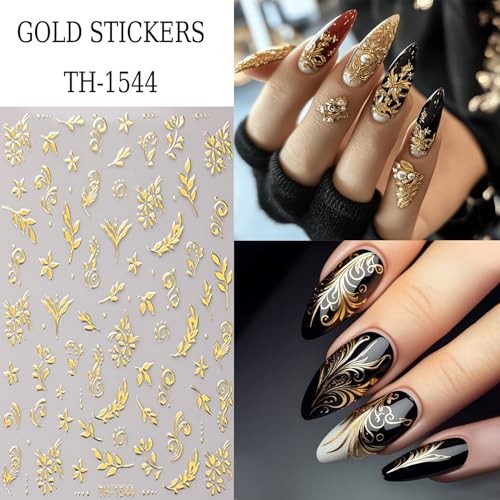 6 Sheets Gold Nail Art Stickers 3D Self -Adhesive Golden Gold Flower Leaves
