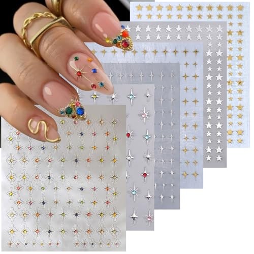 6 Sheets Star Nail Art Stickers Glitter Rhinestones Star Star Nail Stickers-12
