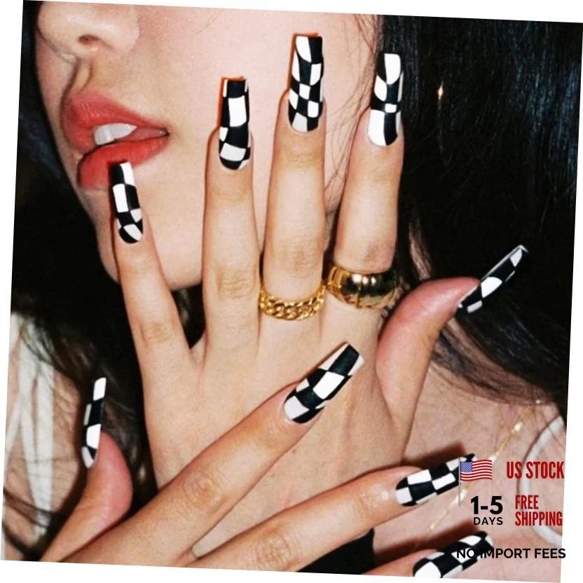 24Pcs Coffin Press on Nails Long White Fake Nails with Nail Glue Glossy Black