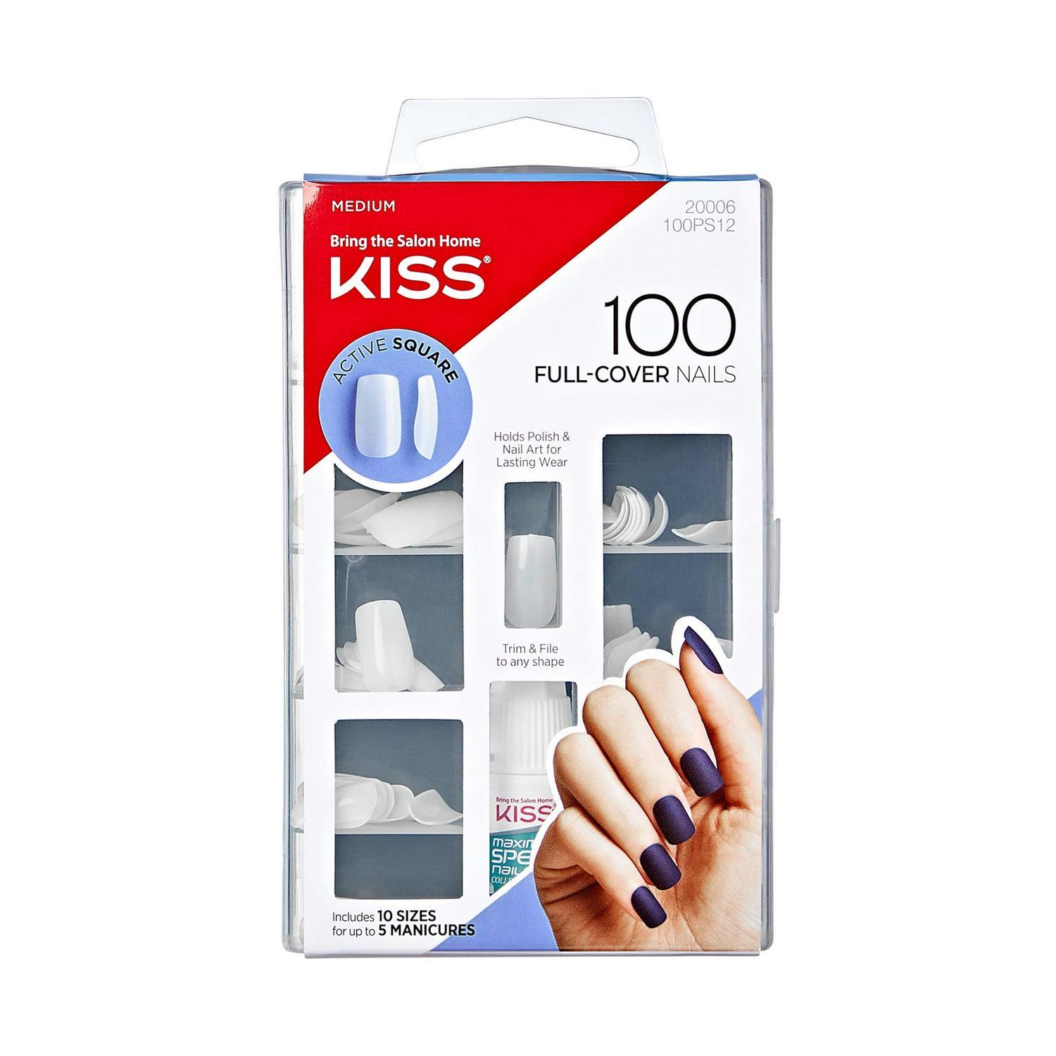KISS Full-Cover Nails Press on Nails, Active Square, Clear, Medium Square-100 Ct