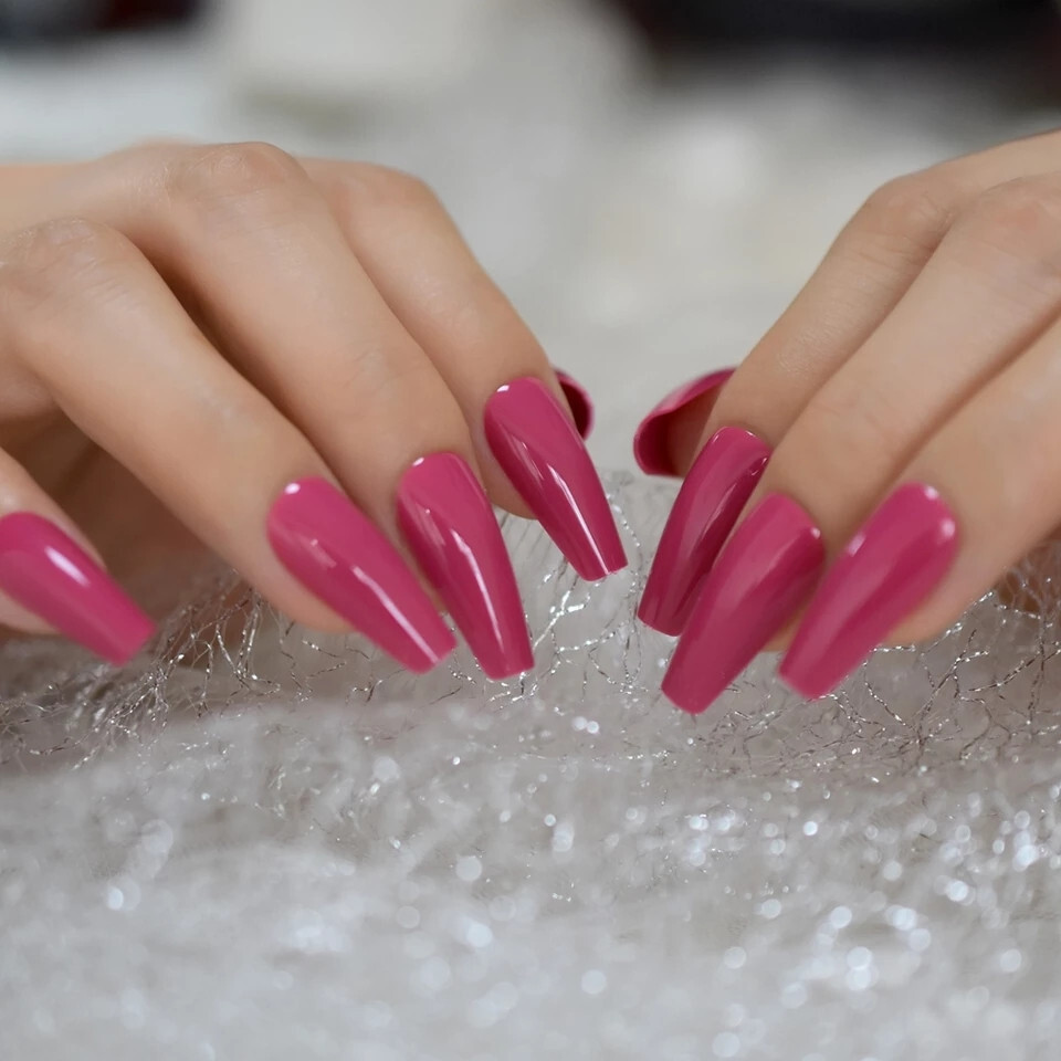 24 Press on nails kit w glue Long Rose Pink dark