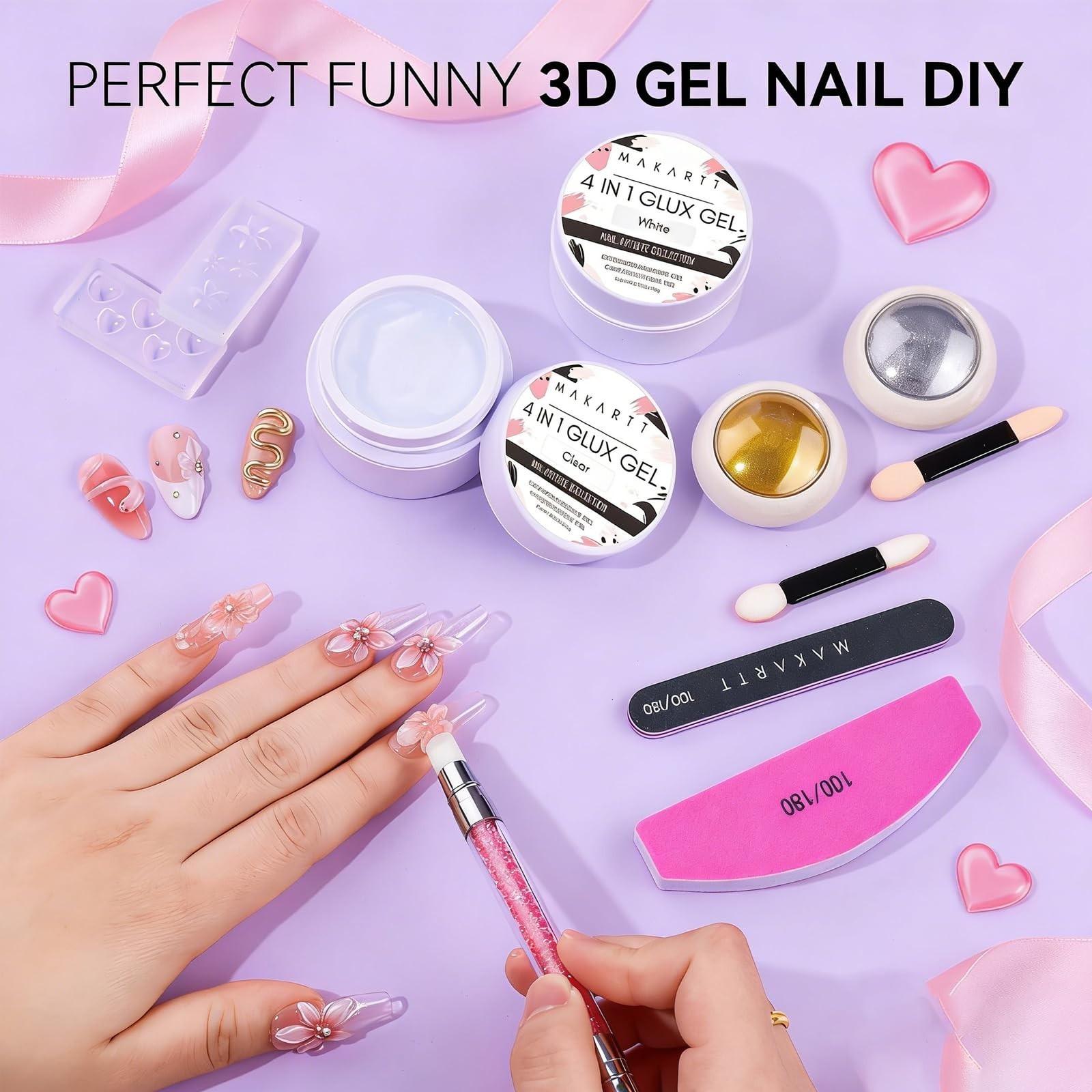 3D Gel Nail Art Starter Kit – Clear & White Sculpting Gel, Non-Sticky Builder, D