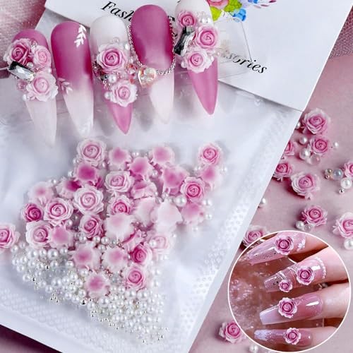 3D Rose Nail Art Charms Flower Nail Charms with Pearls Beads Flower Purple