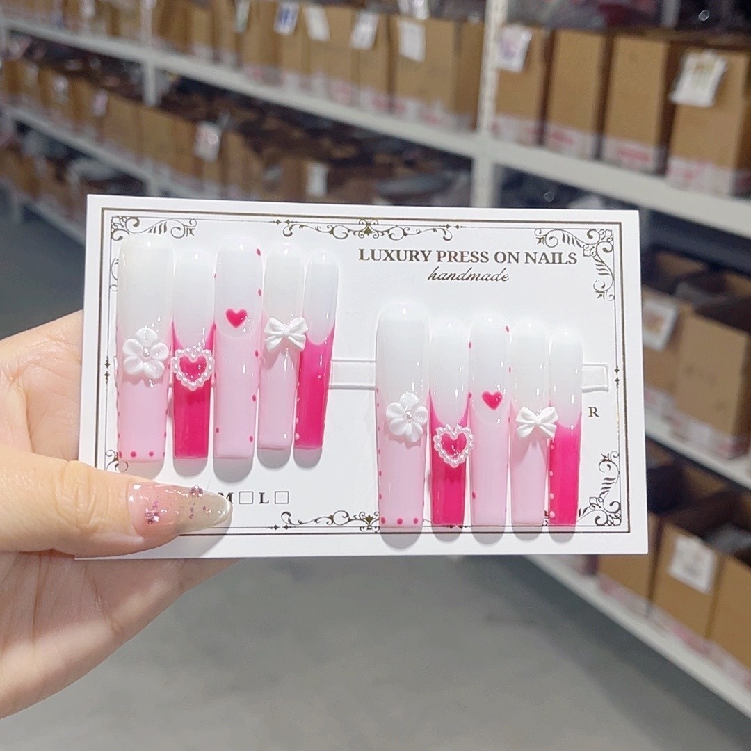 10Pcs Heart Floral Relief Carved Long Tapered Press On Nails For Dating