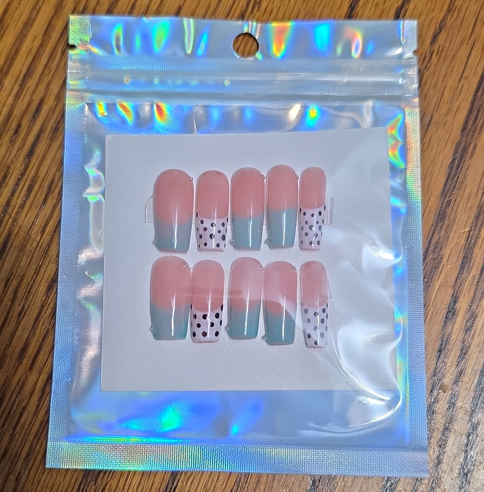 Pink Blue Ombre Square Gel-x Nails Medium Full Cover Acrylic Polka Dot