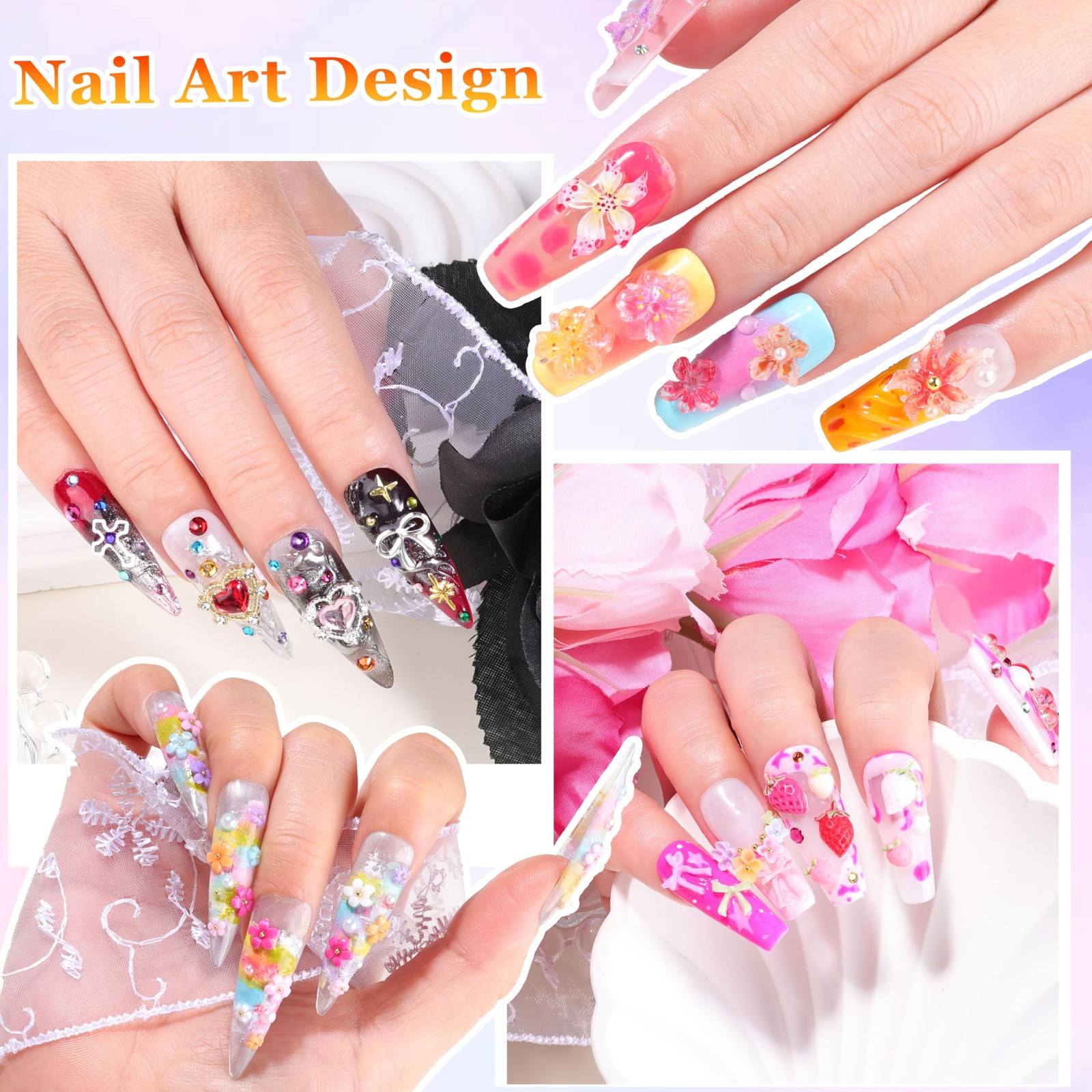 8000Pcs 3D Nail Charms and Nail Gems, Mixed Shapes and Colors Nail Charms Gol…