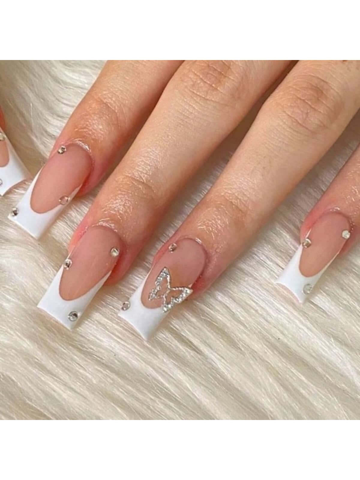 24pcs/set Square French Metal Butterfly Design Fake Nails False Nails Press On