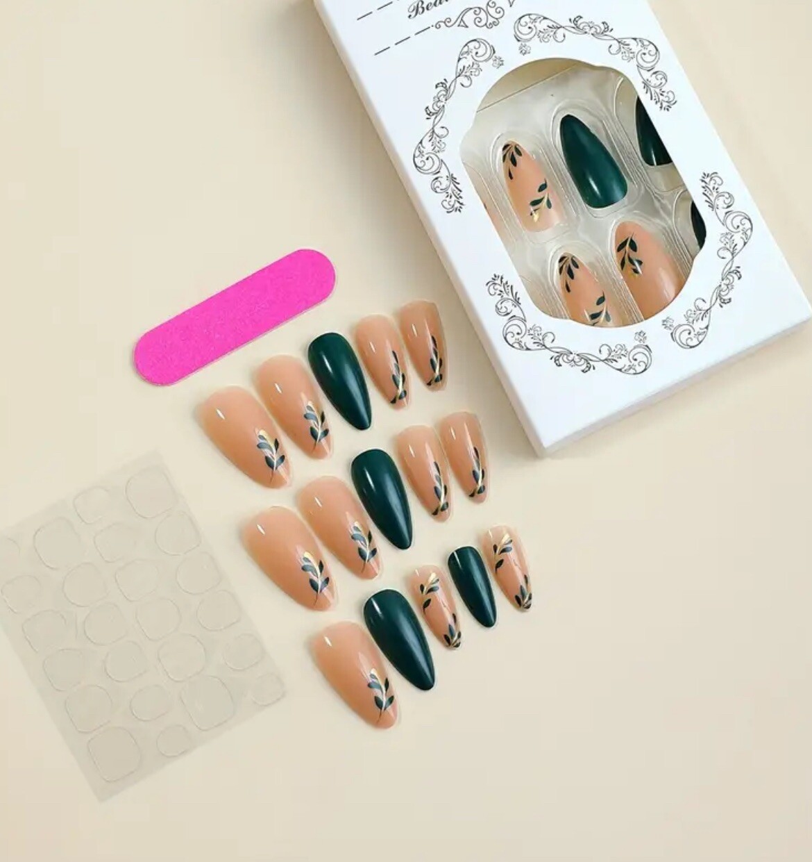 Press on Nails Medium Almond Black Green Gradient Golden Glitter Line Leaves Art