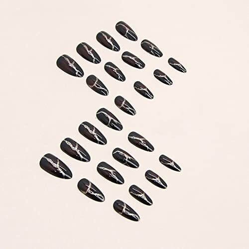 Medium Stiletto Press on Nails Almond Fake Nails Glossy Glue on 00502Black&Red