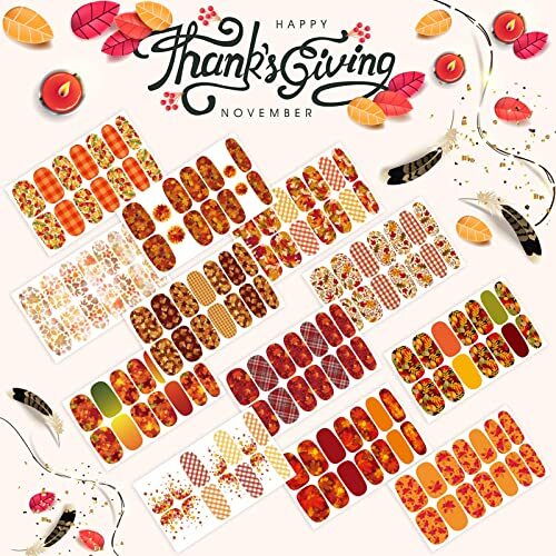 12 Sheets Fall Nail Wraps Stickers Autumn Nail Polish Strips Self-Adhesive
