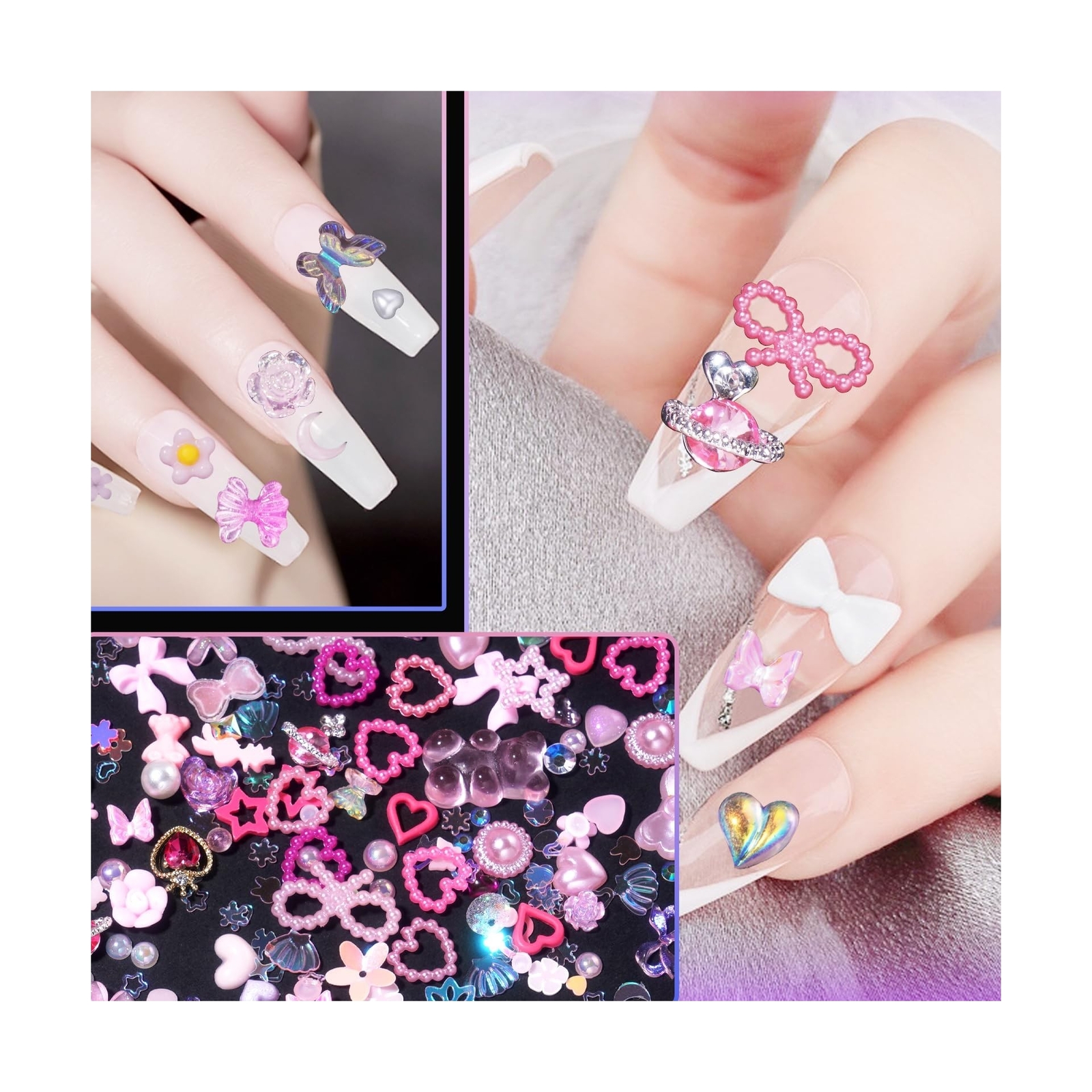 3D Pink Assorted Pearls Gems Nail Charms Heart Butterfly Bow Bear Nail Charms…