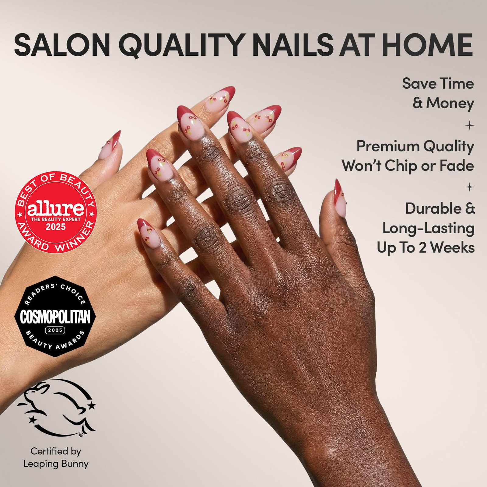 Press On Nails Cherry Bomb Short Almond Fake Nails Glossy Red French Tips 3D