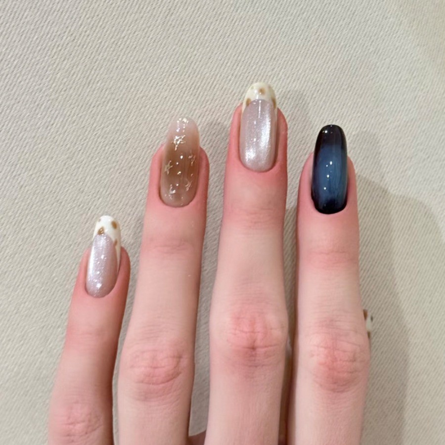 60pcs-Nude Fake Nails with Leopard French Tips, Star Glitter and Blue Ombre