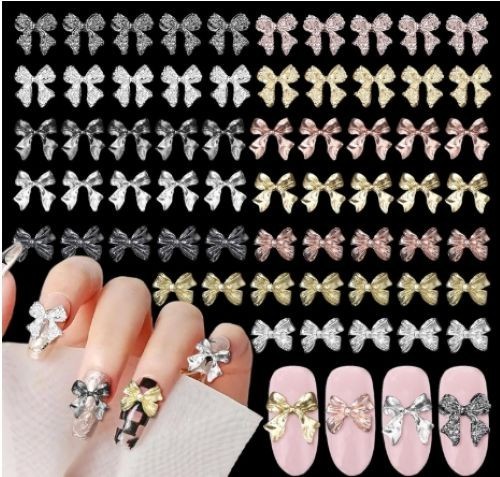 60pcs Bow Nail Charms 3D Metal Gems Gold Silver Black Nail Art Set