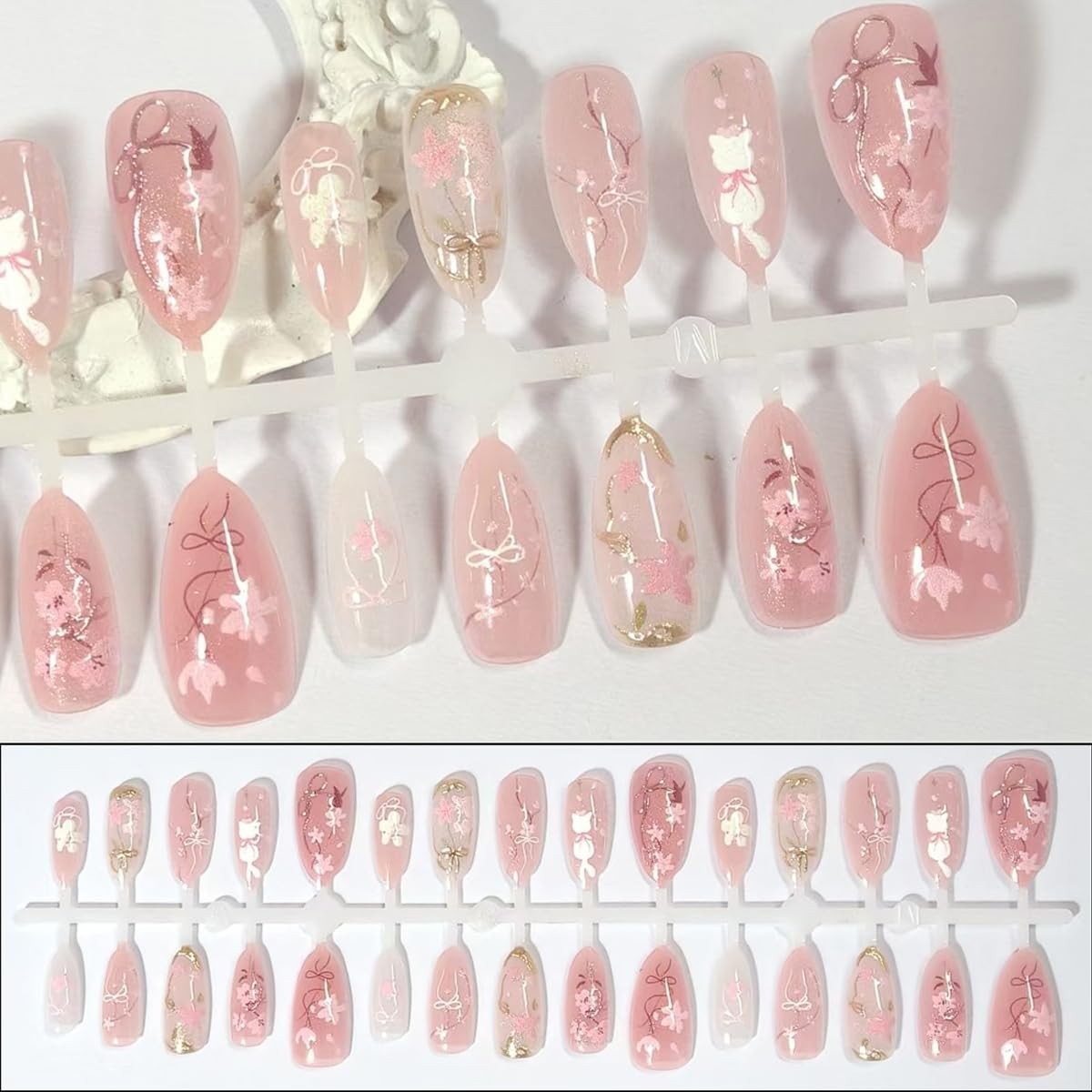 30Pcs Pink Flower Press on Nails – Gorgeous Almond Shape with Bow Design