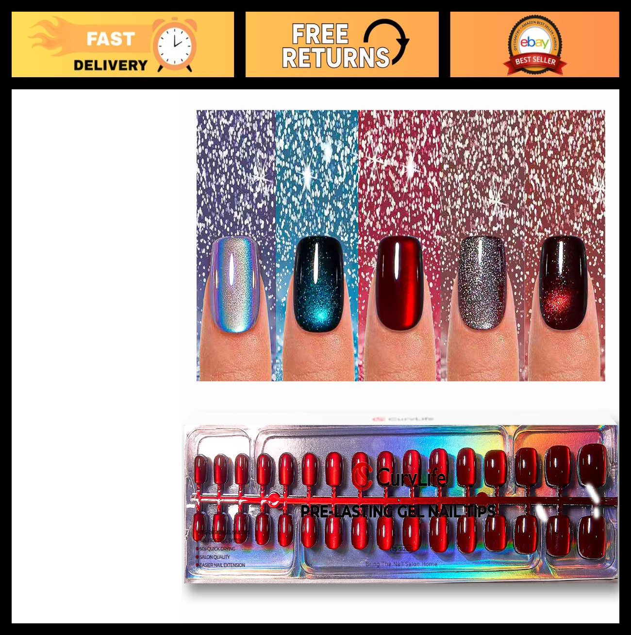 Soft Gel Cat Eye Press-On Nails 160Pcs, Glossy Glitter Full Cover Nail Tips, Reu