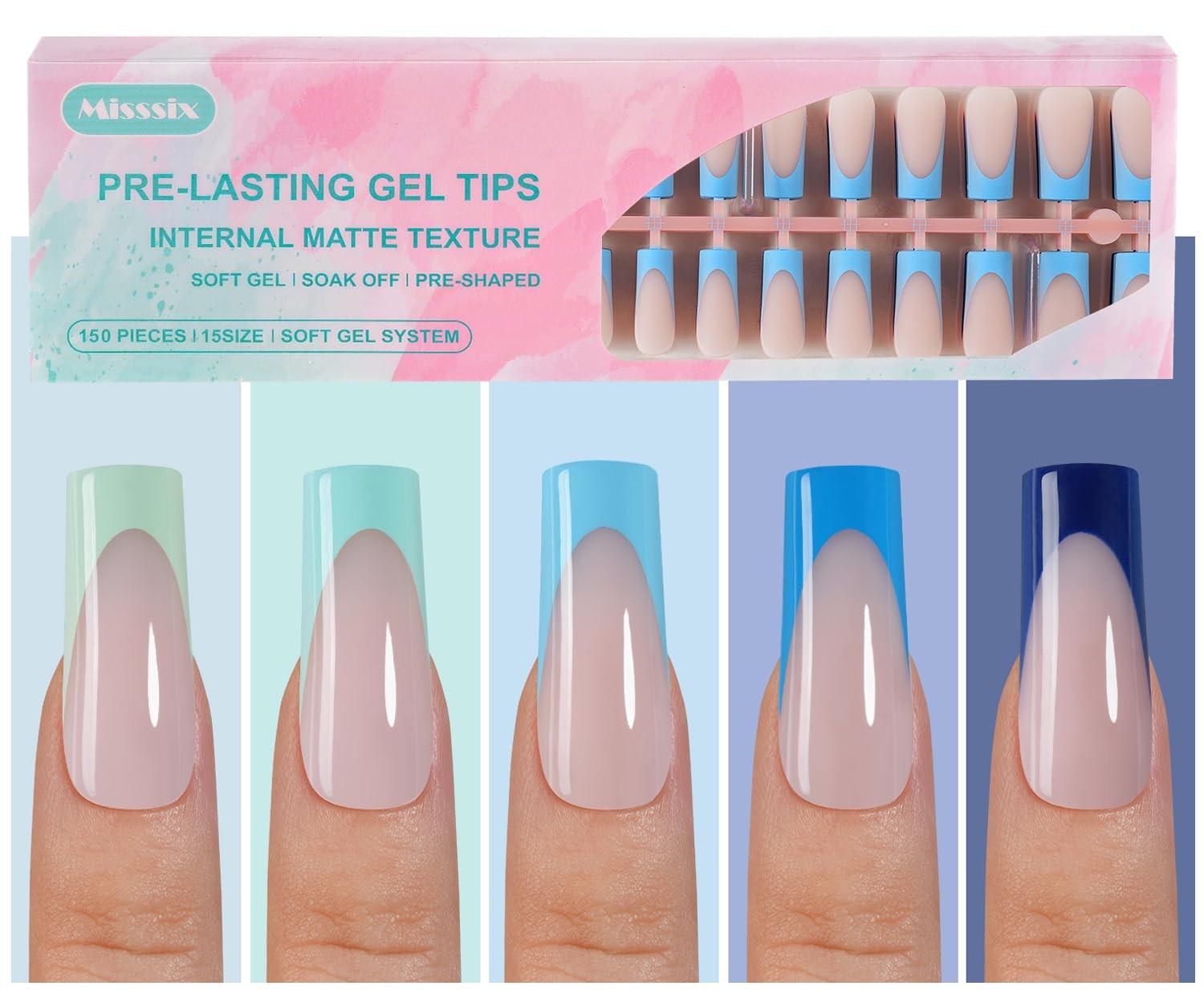 Misssix Blue French Tip Press on Nails, 150Pcs, Long Square Fake Nails