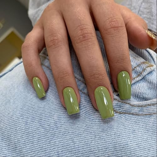 Glossy Olive Green Press on Nails Long Medium Square, Pure glossy olive green