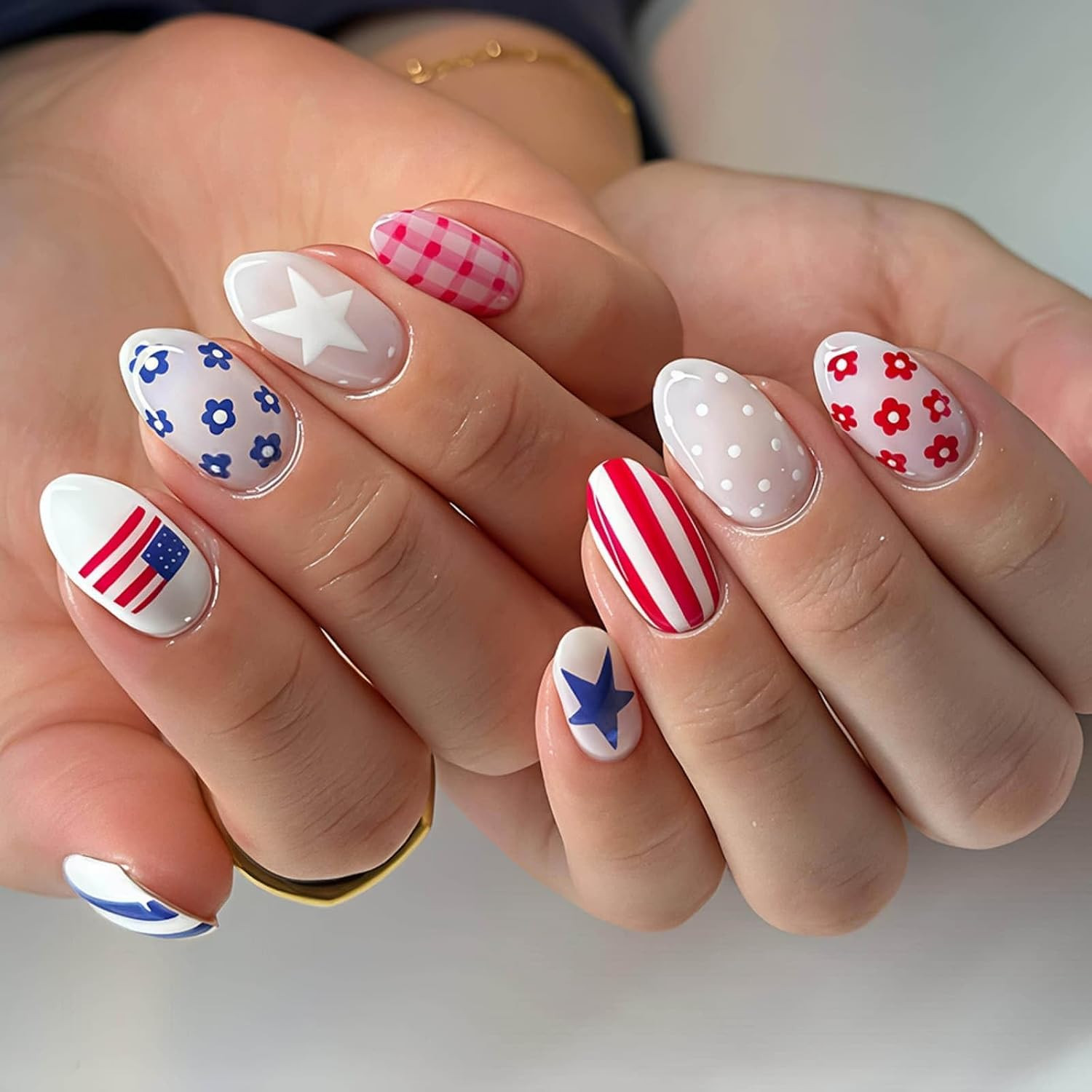 24PCS French Tip Press on Nails, Nude Square Glossy Fake Nails with White Silver