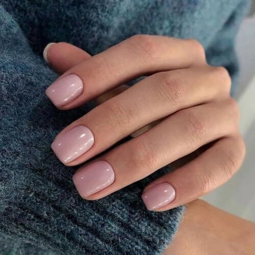 Grey Pink Press on Nails Short Square, Natural Short Gel glossy dusty pink