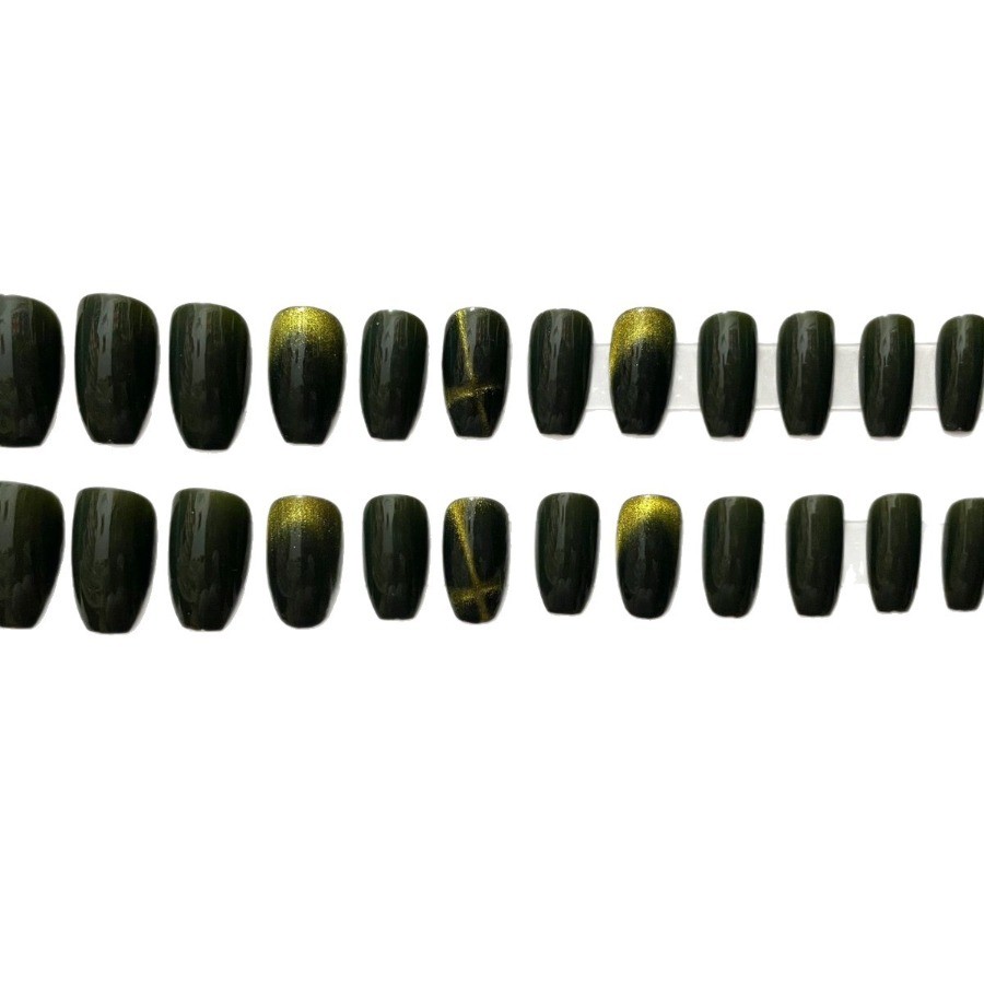 48pcs-Dark Green Fake Nails with Gold Gradient and Cross Design, Medium Length