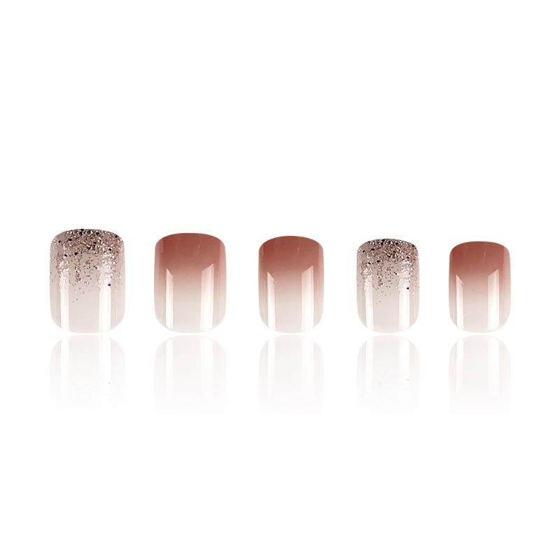 48P-Shimmer Glitter Press on Nails Short Square Nail Pink Gradient Gloss Finish