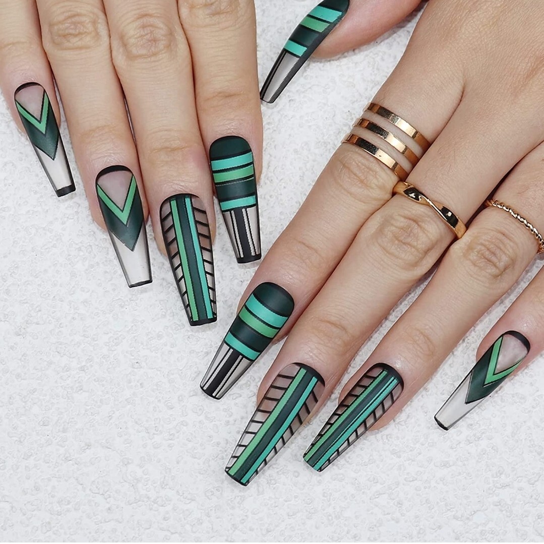 24 Unique Press On Nails Teal Green Geometric Glue On Black design clear aqua