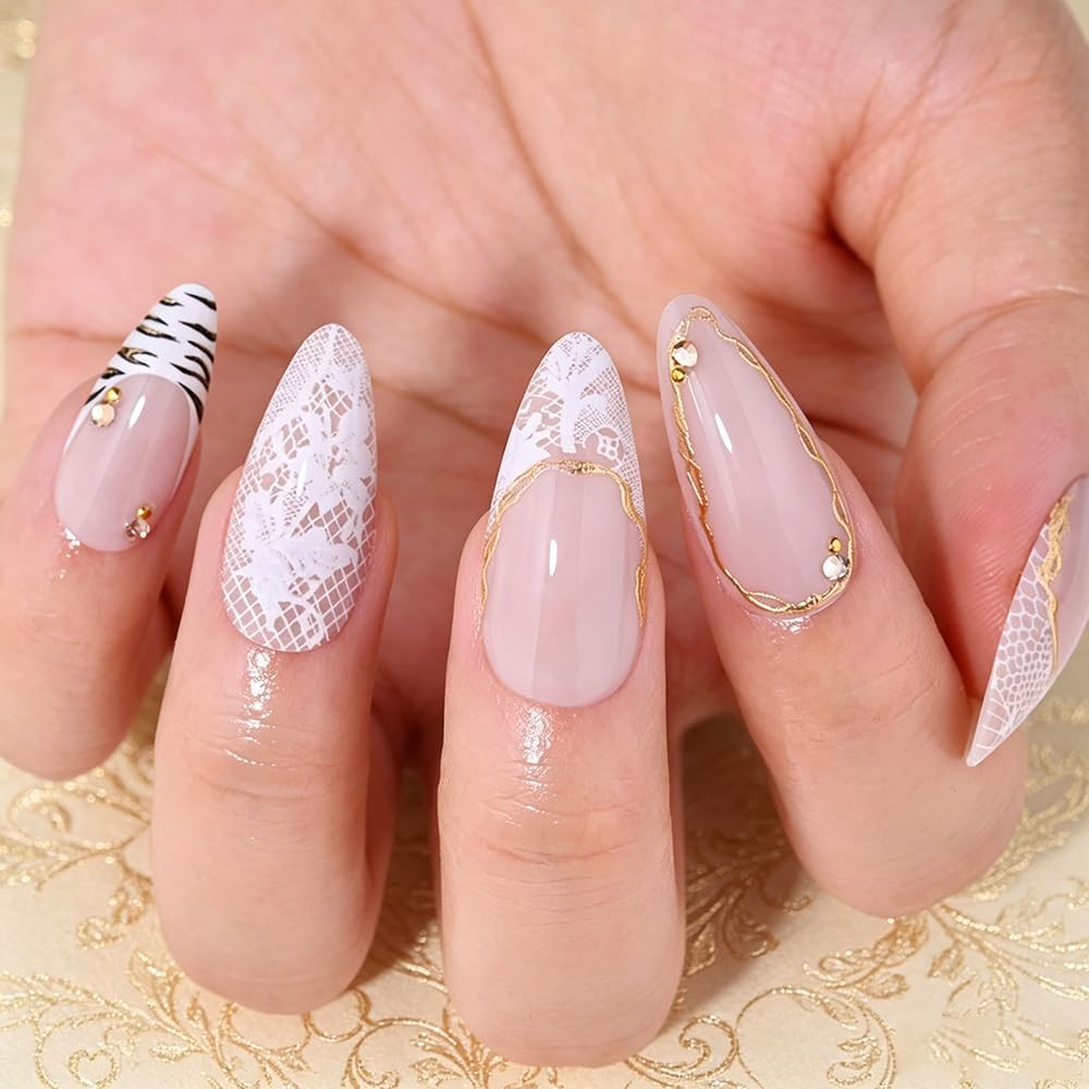 evpct Pale Nude French Almond Short Press on Nails with White Pattern Design,…