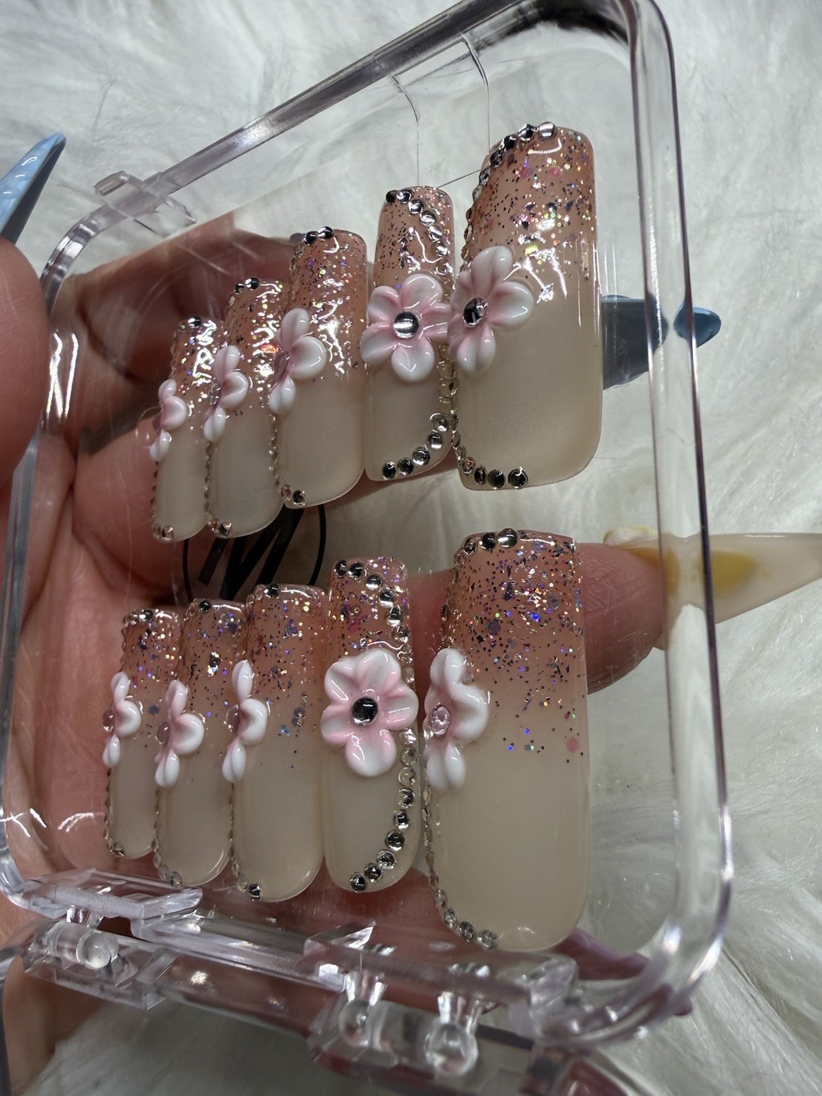 Long Coffin Press-On Nails Beige Pink 3D Shiny Flowers Rhinestone Full Cover