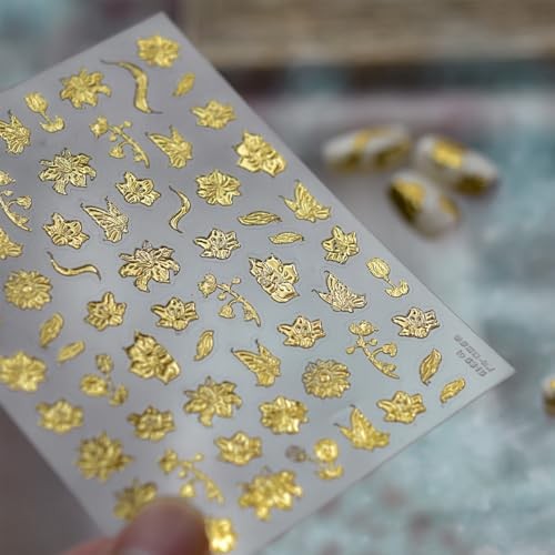 1Pcs Gold Nail Art Stickers 5D Metallic Floral Leaf Nails Fall Nails Stickers-4