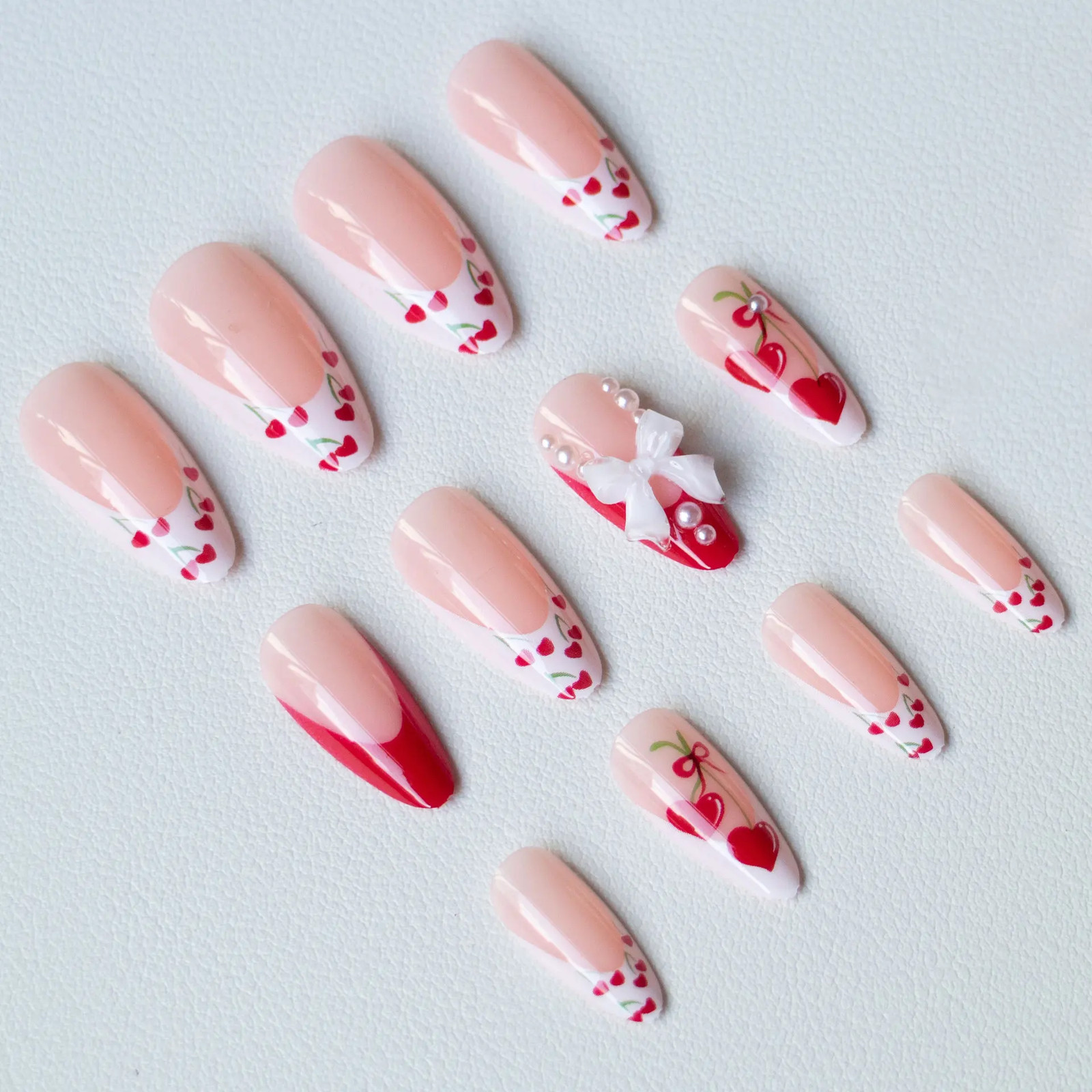 24pcs 3D Bow Pearl Cherry French Press On Nails