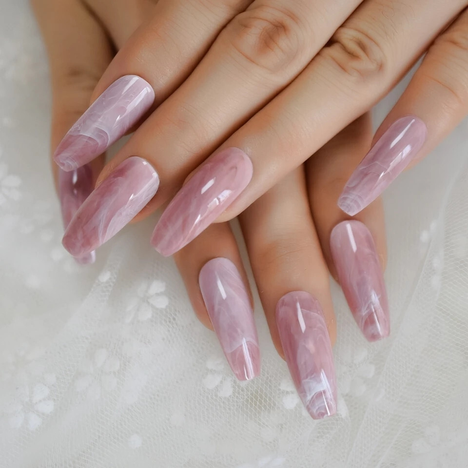 24 Press on Nails kit w Glue extra long Coffin Pink quartz marble mauve