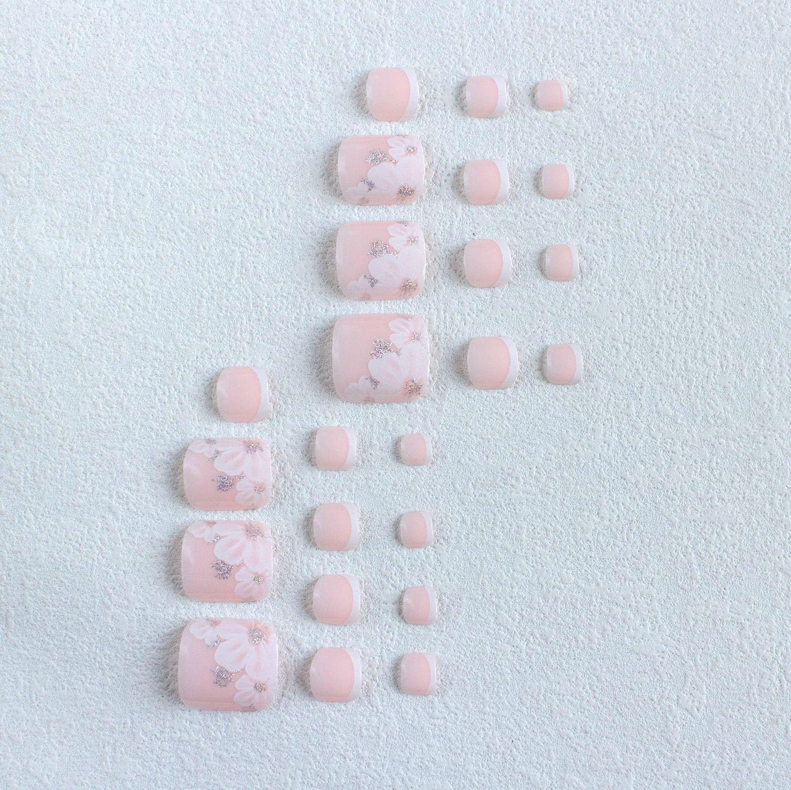 Pink Press on Toe Nails French Tip Fake Toe nails with White Flower Designs Fals