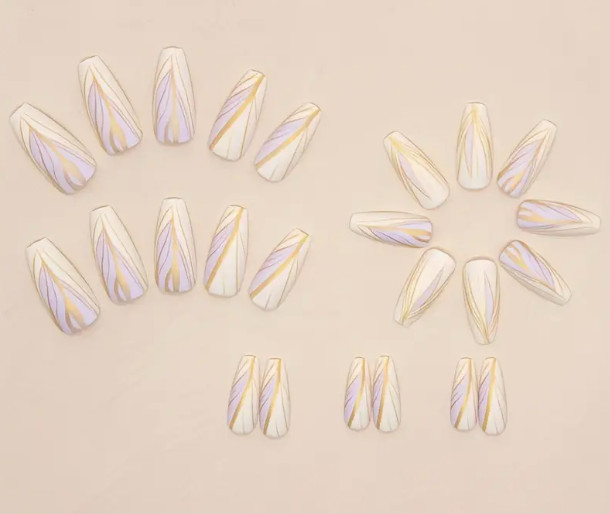 24 Pcs Press-on Nails – Medium Coffin Glossy – White & Purple w/Matte Gold Lines