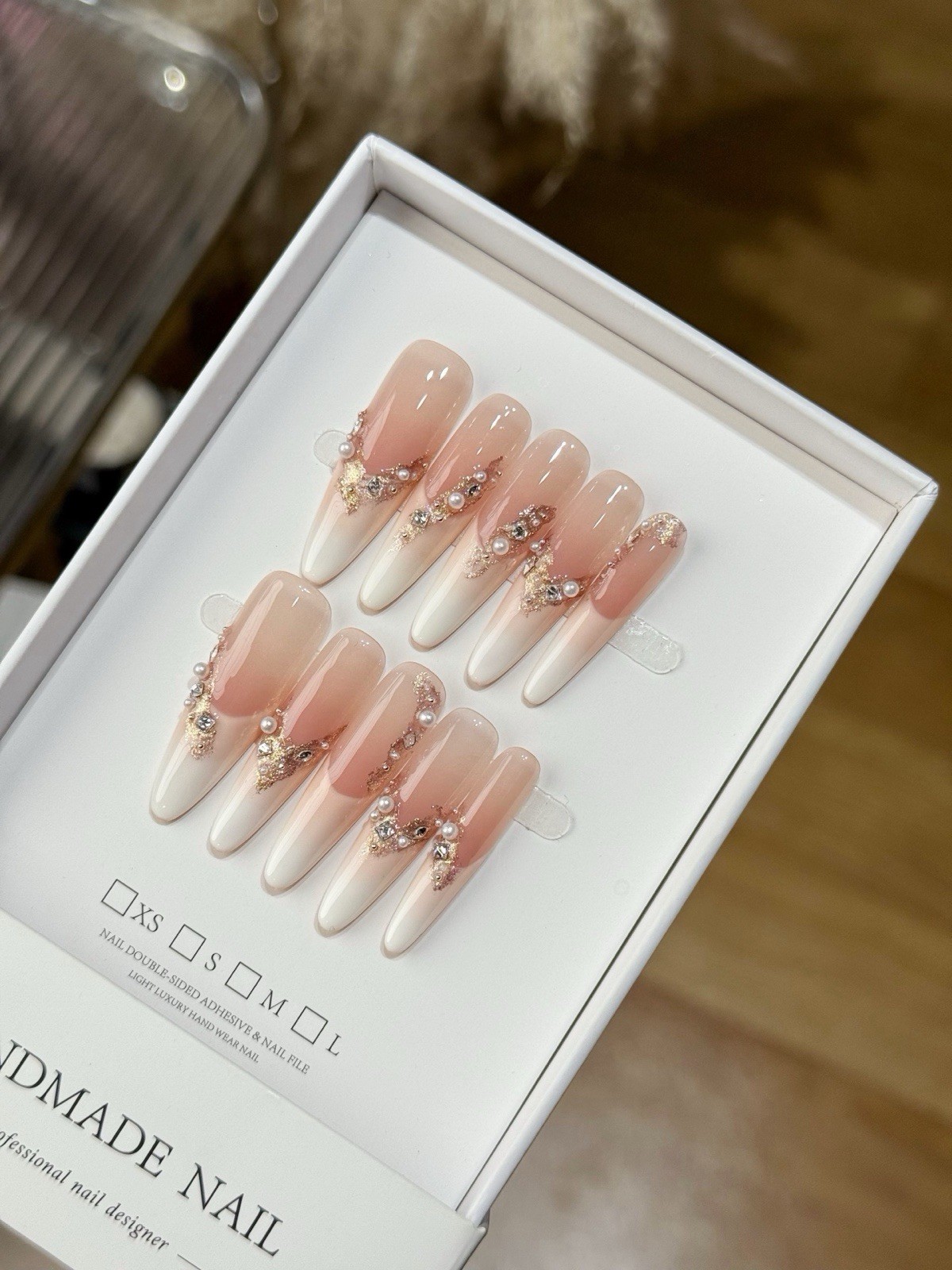 Bride’s Dream Wed01, Handmade Press On Nails, Nude Gradient Stiletto Nails