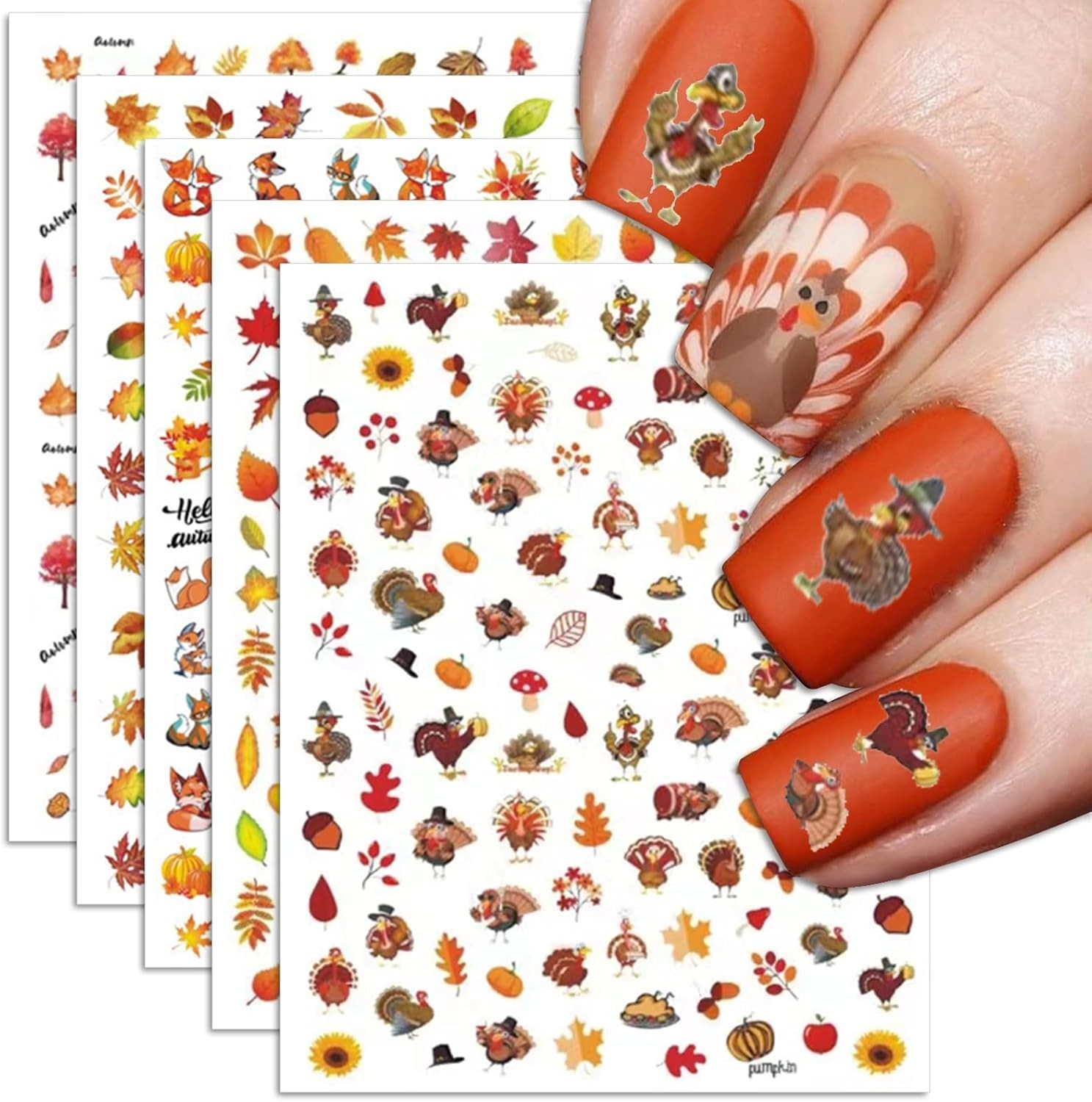Fall Nail Art Stickers, Thanksgiving Day Turkey Nail Decals, 3D Self-Adhesive…