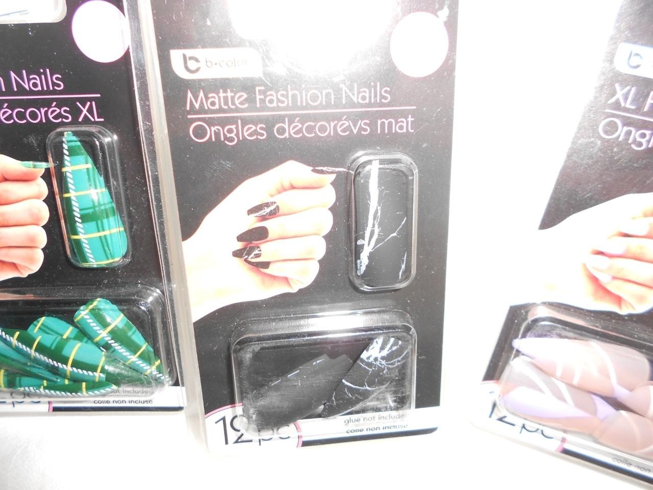 Lot 3 12pk B-Color XL Green Plaid, Purple Tip & Black Marble Fashion Nails NEW