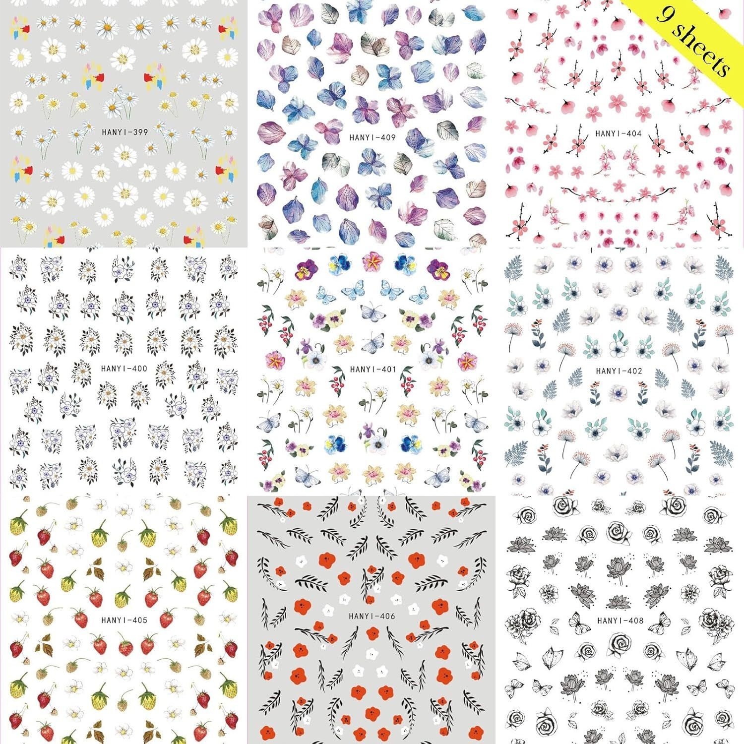 Elegant 9 Sheets of Self-Adhesive Floral Nail Art – Perfect for Summer